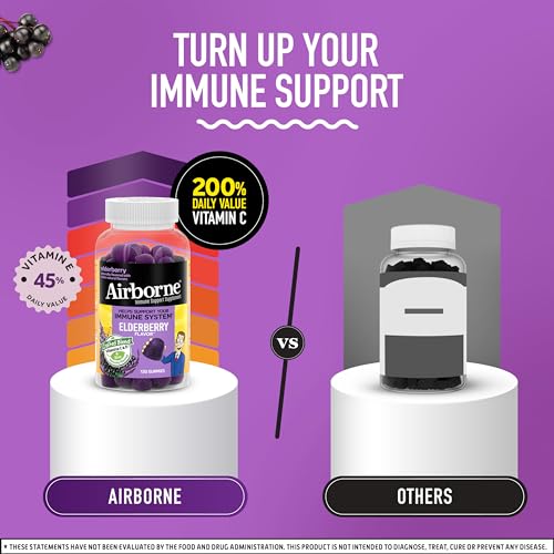 Airborne Elderberry + Zinc & Vitamin C Gummies For Adults, Immune Support Vitamin D & Zinc Gummies with Powerful Antioxidant Vitamins C D & E - 130 Gummies, Elderberry Flavor