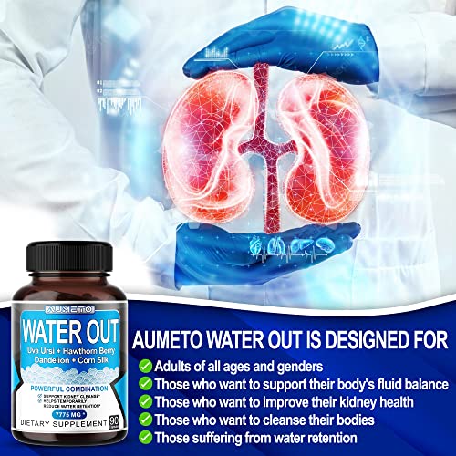 AUMETO Ultra Natural Water Out Pills 7,775 mg Maximum Potency with Uva Ursi Hawthorn Berry Dandelion Corn Silk - Full Body Cleanse and Kidney & Stomach Support (90 Count (Pack of 1))