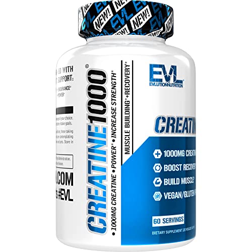 Evlution Pure Creatine Monohydrate Capsules 1000mg Nutrition Pre and Post Workout Recovery Vegan Creatine Pills for Muscle Gains and Muscle Recovery Supplement - Creatine Muscle Builder for Men