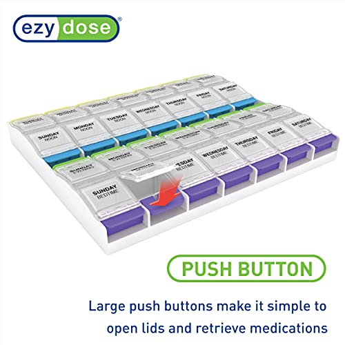 Ezy Dose Weekly (7-Day) Pill Organizer, Vitamin and Medicine Box, 2X-Large Push Button Compartments, 4 Times a Day, Clear Lids