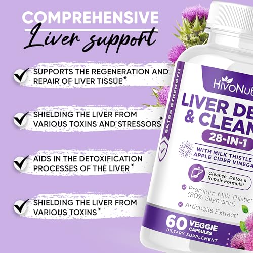 HivoNutra 28-in-1 Liver Cleanse Detox & Repair Fatty Liver Formula - Milk Thistle Silymarin, Artichoke Extract Dandelion & Apple Cider Vinegar - Liver Health Supplement Support Pills - Vegan Capsules