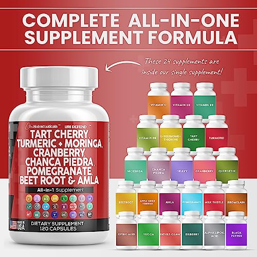 Tart Cherry Extract Capsules 20,000mg with Turmeric 8000mg Moringa 4000mg Cranberry 2000mg Chanca Piedra Celery Quercetin Beet Root ACV Pomegranate L Selenomethionine - Uric Levels - 120 Ct USA