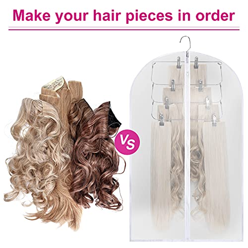 REECHO Hair Extensions Storage Set, Dust Garment Bags with Hanger and Flexible Clips, UP TO 15PCS Hair Extensions Storage Space Wig Bags Suitable for Wigs, Hairpieces