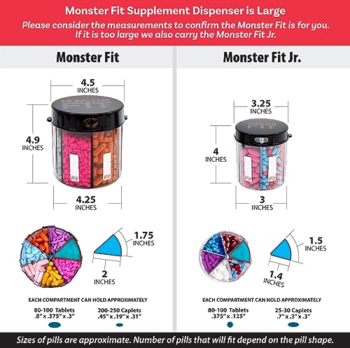 Monster Supplement Medicine Pill Organizer Dispenser, 7 Compartments and Labels, EZ Open Bottle, Extra Large Holder Fits a Month Plus of Almost Any Vitamin or Medication, Includes Premium Medisafe App