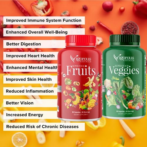 Vigorous Naturals Fruits and Veggies Supplement - Whole Produce Fruit and Vegetable Supplement Dietary Superfood Vitamins for Men, Women - Fruit and Veggie Supplements with 90 Capsules, (2 pack)