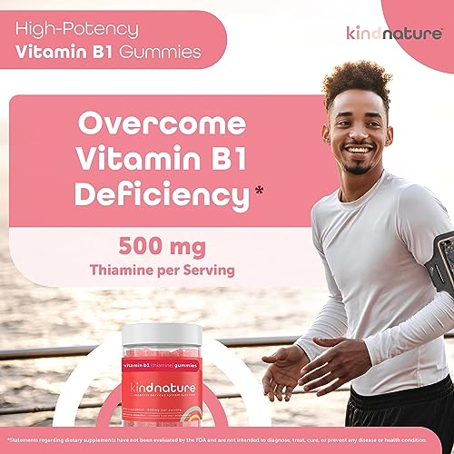 Kind Nature Vitamin B1 Gummies - Chewable Thiamine 500mg per Serving - Formulated for B1 Vitamin Deficiency - Non GMO, Vegan, Natural Strawberry Flavor Thiamine B1 Supplement for Adults & Kids