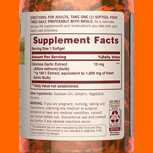 Sundown Odorless Garlic Supplement, 10 mg, Equivalent to 1000mg Garlic Bulb, 250 Softgels (Packaging May Vary)