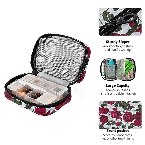 Roses Flowers Travel Pill Organizer Case Weekly Portable Pill Bag Container 7 Days Pill Box Organizer for Vitamin Fish Oil Travel Family Business