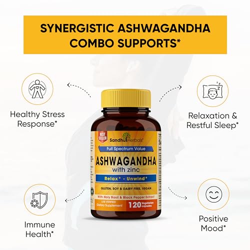 SANDHUHERBALS Ashwagandha Supplement|120 Organic 4 in 1 Capsules, 2 months supply|8000mg with Zinc, Black Pepper and Holy Basil Extract|Stress Relief, Mood, Immune & Energy Support|Non-GMO,Made in USA