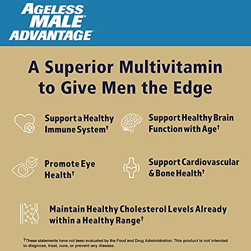 Ageless Male Advantage Premium Once a Day Multivitamin for Men 50 Plus, Plus Brain and Cholesterol Care, Vitamins A C D K B1 B2 B3 B6 B12 Zinc & Extra Defense Blend - 45 Tablets