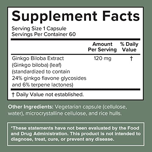 Prominent Nutrition Ginkgo Biloba 120mg - Herbal Supplements for Focus - Ginkgo Biloba Leaf Extract, Memory Aid Supplements - Vegan, Non-GMO, Gluten-Free, Soy-Free, 60 Vegetarian Capsules