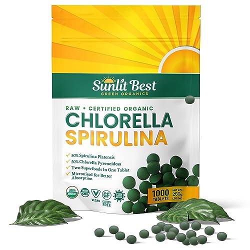 Sunlit Best Organic Burst Chlorella Spirulina Tablets - Pure Superfood Supplement for Heavy Metal Detox Cleanse with Blue Green Algae, Chlorophyll & Vegan Protein, Spirulina Chlorella Pills 1000 Tabs