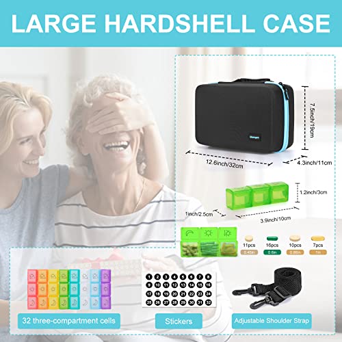 Monthly Pill Organizer 3 Times a Day, 30 Day Pill Box with Portable Large Hardshell Travel Case,One Month Pill Case with 32 Daily Compartments to Hold Vitamins,Supplements and Medication