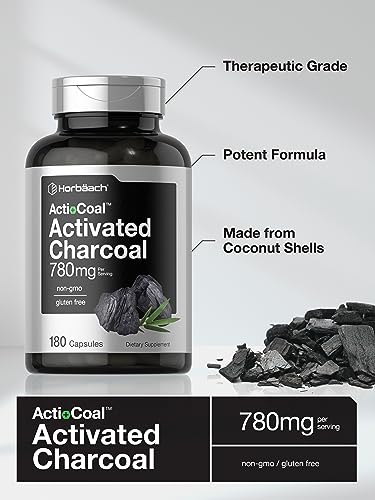 Charcoal Pills 780mg | 180 Capsules | Activated Charcoal from Coconut Shells | Non-GMO and Gluten Free | by Horbaach