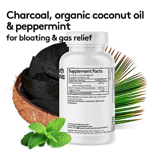 Activated Charcoal Pills for Bloating and Gas Relief w/ Peppermint & Organic Coconut Oil | Active Charcoal Powder in Liquid Capsules for Stomach & Digestive System | Natural Detox for Men & Women