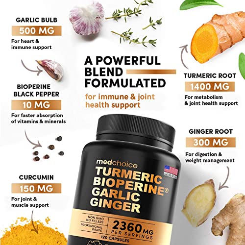 4-in-1 Turmeric and Ginger Supplement with Bioperine 2360 mg (120 ct) Turmeric Ginger Root Capsules with Garlic - Turmeric Curcumin with Black Pepper for Joint, Digestion & Immune Support (Pack of 1)