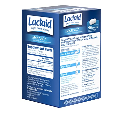 Lactaid Fast Act Lactose Intolerance Relief Caplets with Lactase Enzyme, 96 Count