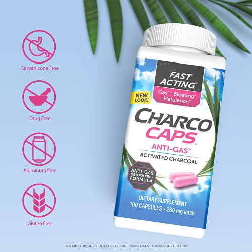 Charcocaps Fast Acting Gas Relief for Bloating & Flatulence, Drug Free Detoxifying Activated Charcoal Formula, 100 Capsules, 30 Day Supply, Pink