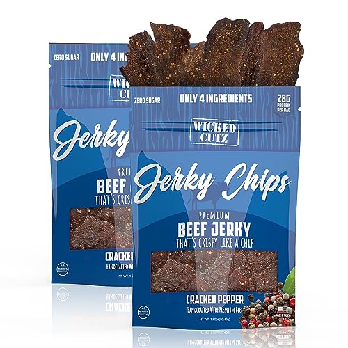 Cracked Pepper Beef Jerky Chips | Thin, Crispy, Crunchy Beef Jerky Crisps with 28G Protein Per Bag. Carnivore Diet Snacks, Gluten Free Snacks, Healthy Snacks for Adults, 1.25oz Each (2 Bags)