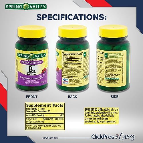 ClickPros Spring Valley Vitamin B12 Fast Dissolve Tablets Bundle, 5000 mcg, 45 Ct I Includes Exclusive “The Truth About Vitamins” Guide and Portable Pill Container (3 Items)!