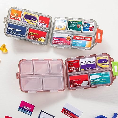 5PCS Pocket Pharmacy Travel Pill Case with Optional Medicine Stickers Labels, Pill Box Pill Organizer with Labels, Pill Container with Pill Stickers Medication Labels with 10 Compartments (5pcs/Set)