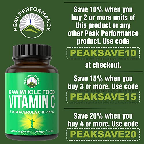 Peak Performance Raw Whole Food Natural Vitamin C Capsules from Acerola Cherry for Max Absorption. Vegan USA Sourced Vitamin C Supplement 90 Pills. 500 mg Serving or 2 Servings 1000mg