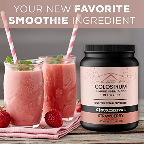 Surthrival: Naturally Flavored Colostrum Powder, Strawberry (16oz), Immune Optimization & Recovery, Powdered Dietary Supplement, Gut Health, Immune Support, Keto Friendly