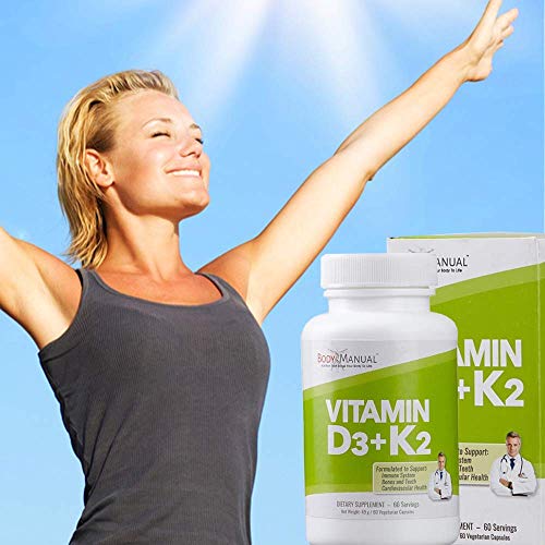 Body Manual Vitamin D3 (5,000 IU) + K2 (as MK-7 160 mcg) | GMO, Gluten & Dairy Free | Supports Immune and Cardiovascular Health, Brain Function, Bones, and Teeth | Easy to Swallow Capsules (60)