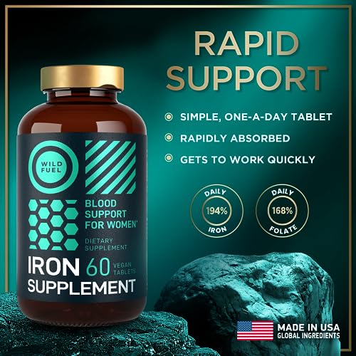 Iron Supplement for Women with Folic Acid - 194% Daily Iron Vitamins Ferrous Sulfate, 168% Folate Folic Acid - Iron Pills for Women with Anemia and Pregnant Women - 60 Gluten-Free, Vegan Iron Tablets