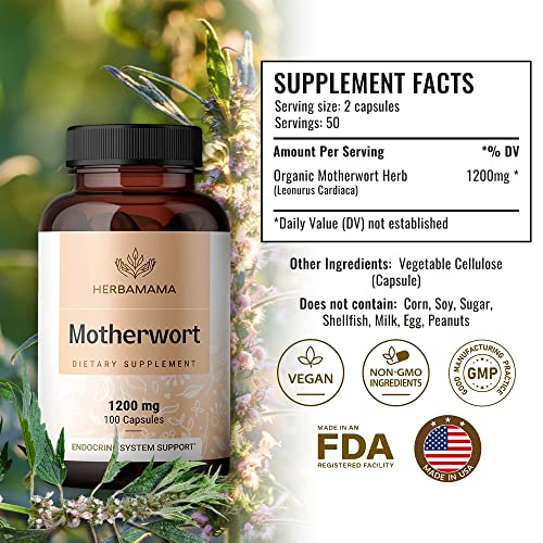 HERBAMAMA Motherwort Capsules - Organic Motherwort Herb Pills - Vegan Supplement - 1200 mg - 100 Caps