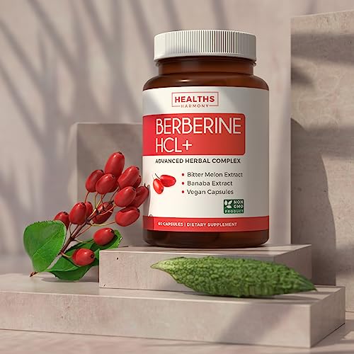 Healths Harmony Berberine HCL 500mg (Non-GMO & Vegetarian) Plus Bitter Melon & Banaba Leaf - AMPK Metabolic Activator - 60 Capsules - No Pills