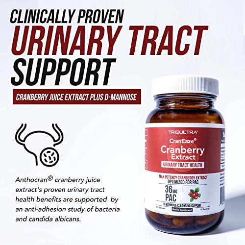 CranEaze®: Cranberry Juice Extract Plus D-Mannose – 36 mg PAC, 100% Soluble PAC - Supports Urinary Tract Health – Most Effective Cranberry Pills for Women, UTI Cranberry Supplement - 60 Capsules