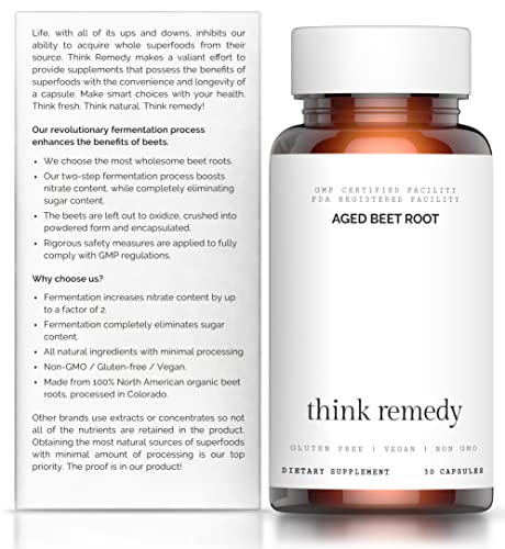 Think Remedy Aged Beet Root Capsules - Beet Pills for Stamina - Organic Beet Root Powder - Nitric Oxide Supplement - Nitrate No Sugar - 30 Capsules - Beet Root Supplement