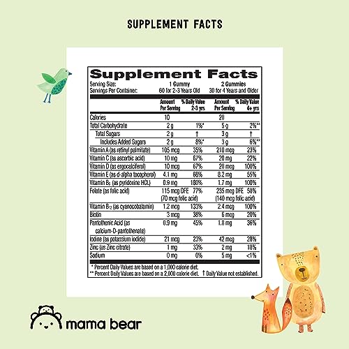 Amazon Brand - Mama Bear Organic Kids Multivitamin, 60 Gummies, 1 Month Supply (Packaging May Vary), Berry, Cherry & Orange