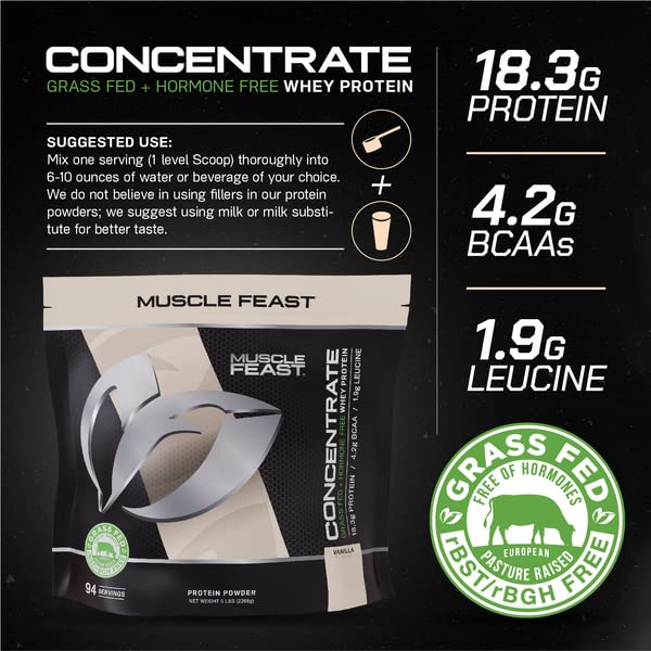 Muscle Feast Grass-Fed Whey Protein Concentrate Powder, All Natural Hormone Free Pasture Raised, Vanilla, 5lb (94 Servings)