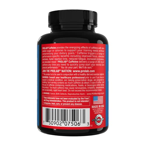 ProLab Caffeine Tablets 200mg - 200ct | Energy Support, Helps Enhance Endurance & Mental Focus, Reduce Fatigue, Pre-Workout, Extra Strength