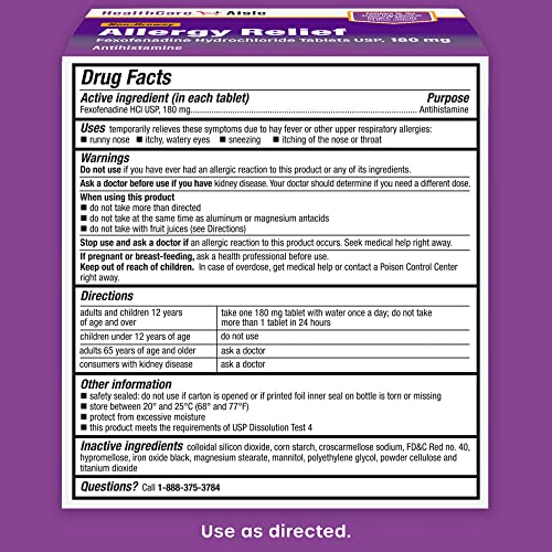 HealthCareAisle Allergy Relief - Fexofenadine Hydrochloride Tablets USP, 180 mg – 90 Tablets – Allergy Medication, Non-Drowsy 24-Hour Allergy Relief