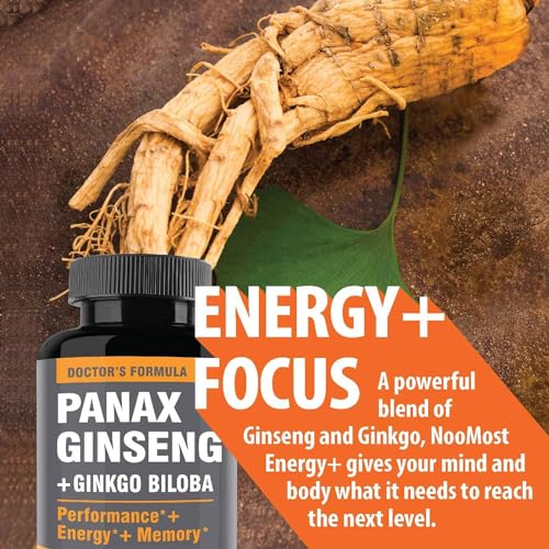 NooMost Authentic Korean Red Panax Ginseng + Ginkgo Biloba, 120 Vegan Capsules, Ginseng Root Extract Powder 1000mg (10% Ginsenosides) + Gingko Biloba 60mg, Energy and Focus Pills for Men and Women