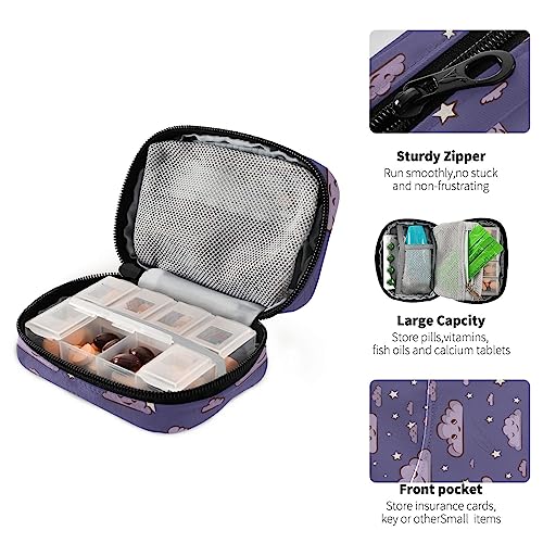 Purple Sleeping Clouds Star Travel Pill Organizer Case 7 Day Pill Box Holder Large Daily Medicine Organizer for Travel Family Business Vitamins Fish Oil Supplements