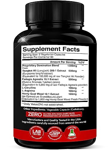 Tongkat Ali, Fadogia Agrestis, L-Arginine, L-Citrulline & Horny Goat Weed Supplement: 1300mg Ultra Concentrated Complex for Boosted Energy & Stamina - Herbal Performance Supplements - 120 Capsules