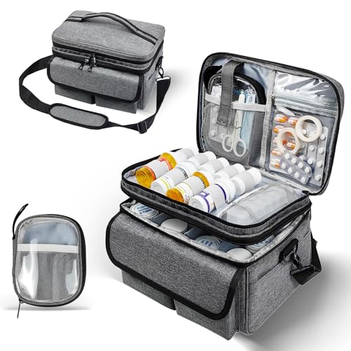 RONCHIL Medicine Storage Bag Pill Bottle Organizer with Portable Small Pouch Travel Medication Bottle Organizer for Emergency Home First Aid Box Kit Empty with Shoulder Strap Gray