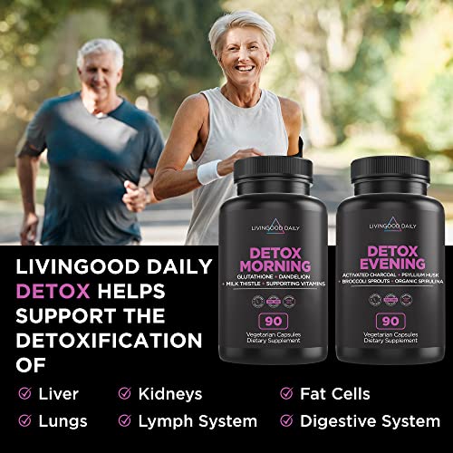 Livingood Daily Detox Pills - Full Body Detox Cleanse for Women & Men with Milk Thistle, Glutathione, Psyllium Husk - Kidney, Skin, Gut, Lung, Liver and Colon Cleanse & Repair, 90 Capsules per Bottle