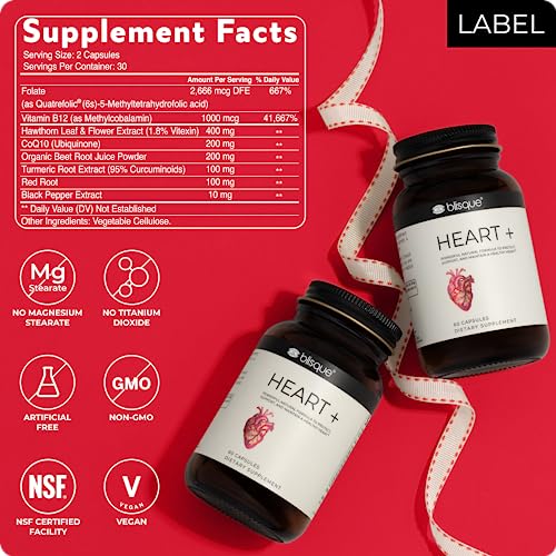 Blisque – Natural Blood Pressure Support Supplement for Heart Health and Circulation | Doctor-Approved | with 200 mg CoQ10, Hawthorn Berry, Beet Root, Turmeric | 60 Capsules