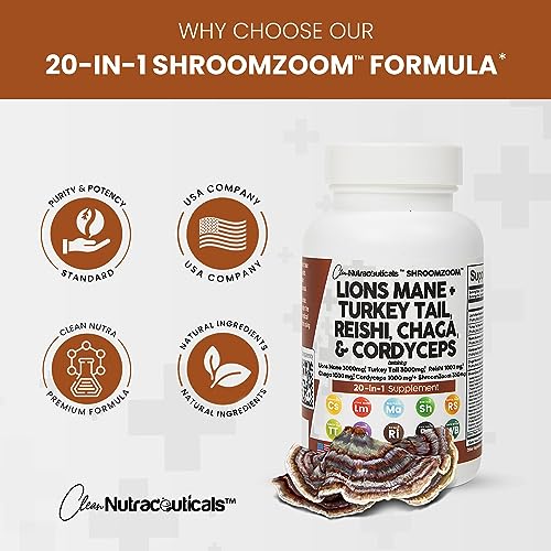 Lions Mane 3000mg 20in1 Mushroom Supplement with Turkey Tail 2000mg Reishi 1000mg Cordyceps Chaga Maitake Meshima Poria Cocos Shiitake Oyster Porcini Enoki Cognitive, Energy, Focus Pills USA