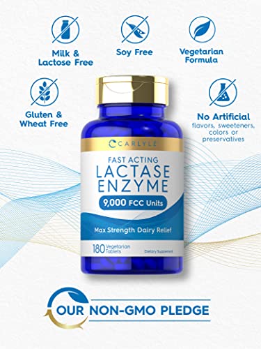 Carlyle Fast Acting Lactase Enzyme Pills | 9000 FCC | 180 Tablets | Dairy Relief Supplement | Max Strength Support | Non-GMO, Gluten Free Supplement