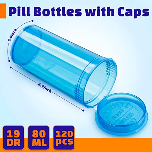 Rtteri 120Pcs Empty Pill Bottles with Caps 19Dram Blue Plastic Medicine Bottles Container Prescription Medication Vials Clear Containers Safety Cover Pill Cases Organizer Pharmacy