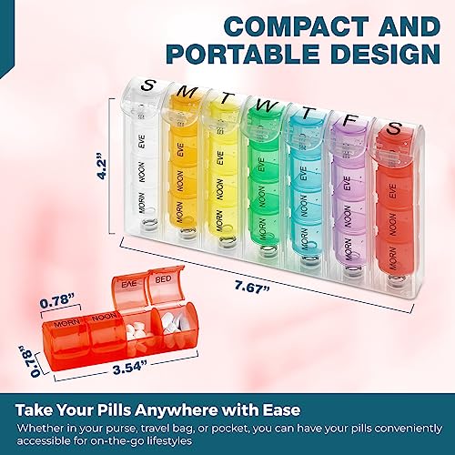 Weekly Pill Organizer - (Pack of 2) Pill Planners for Pills & Vitamins Each Day Week, Four Times-a-Day Medication Reminder, Easy to Read AM/PM Compartments Monday to Sunday for Travel & Purse