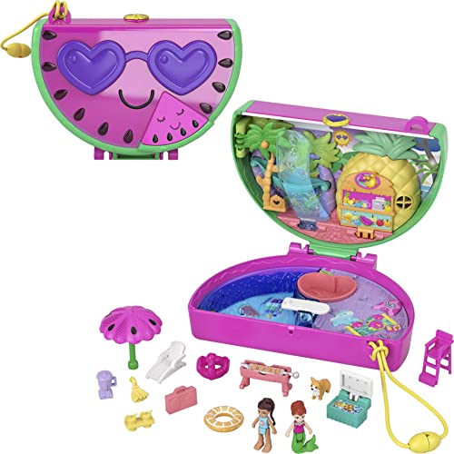 Polly Pocket Compact Playset, Scented Watermelon Pool Party with 2 Micro Dolls & Accessories, Travel Toys