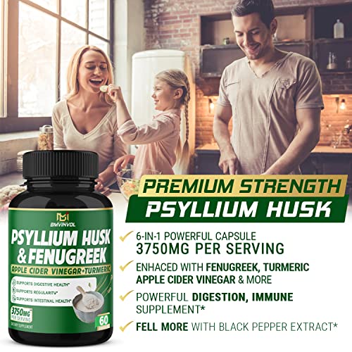 BMVINVOL Psyllium Husk Capsules 3750mg - Fenugreek, Apple Cider Vinegar, Turmeric - Fiber Supplement for Supports Digestive Health & Regularity (60Count)