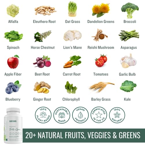 SUBSTANCE. - Nature's Sustenance Daily Greens, Fruits & Veggies Supplement - Superfood Vitamin Capsules - Enhance Energy, Mental Clarity, & Overall Wellness - US Made, Vegan-Friendly - 120 Capsules